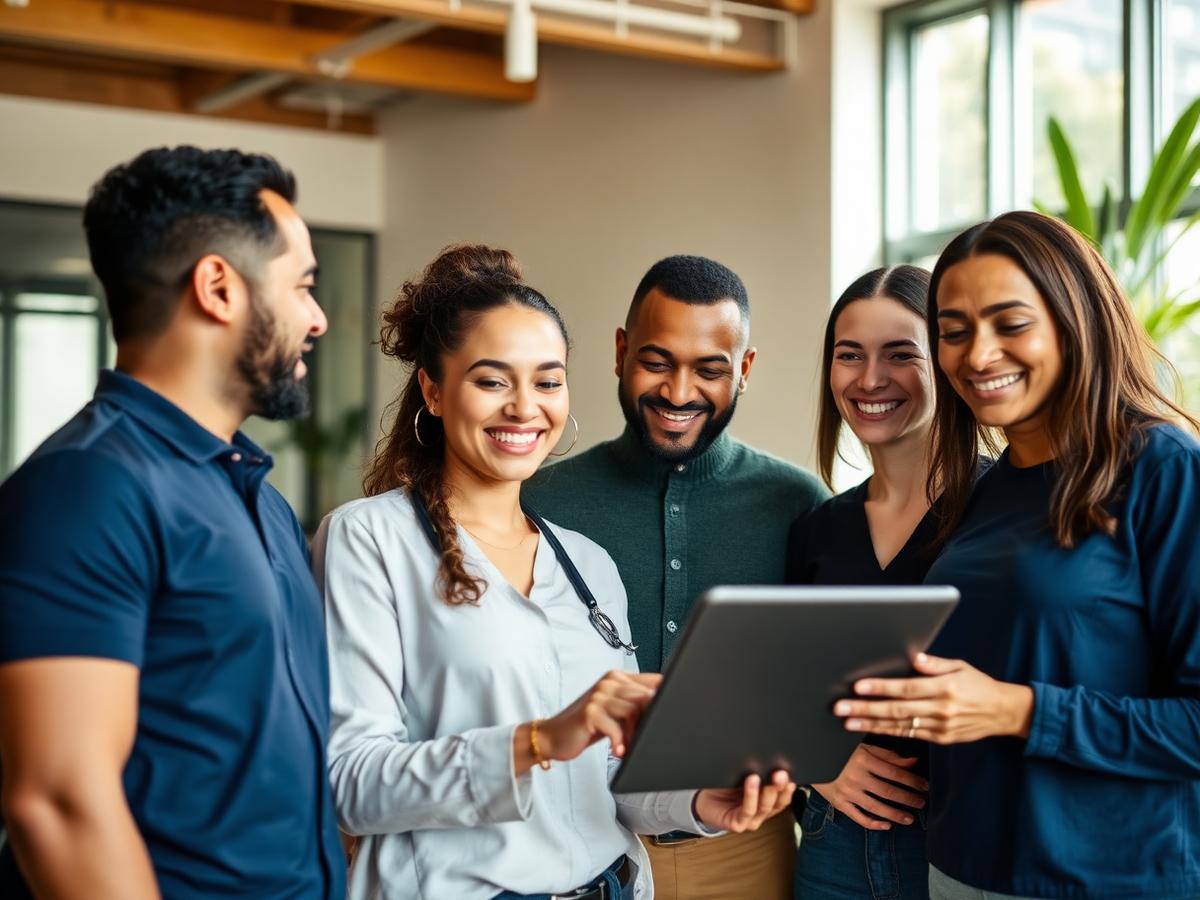 Employees engaging with a wellness program on a tablet